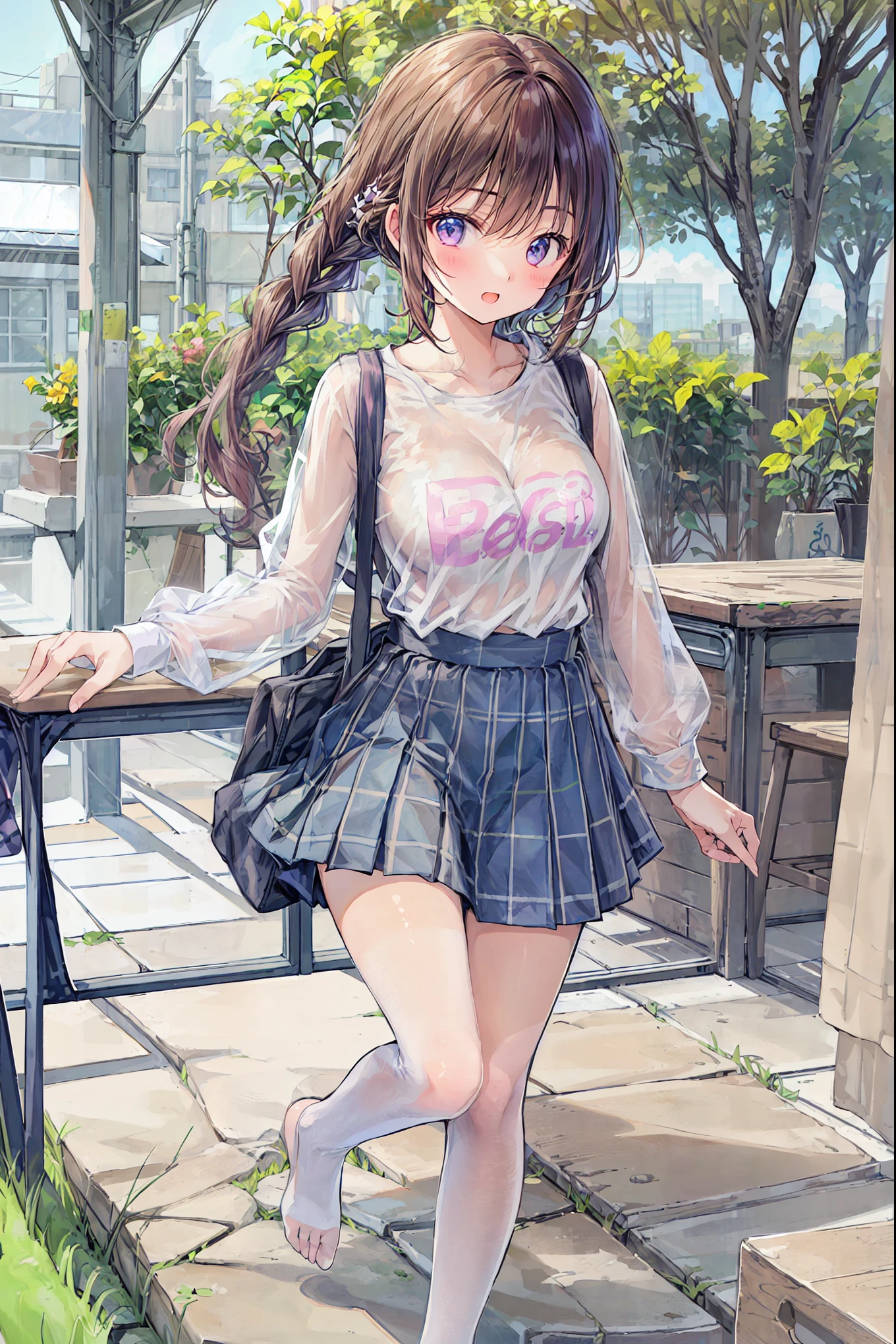 (Best Quality:1.3)、1 girl、High School Girls、miniskirt、desk work、 stand up from women 、Foot braiding、 cute anime illustration、