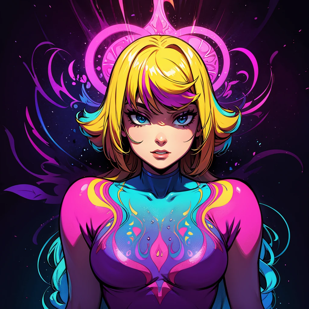 (psychedelic art:1.5), (from low:1.2), skimpy intricate dress, upperbody, eyes locked, beautiful blonde girl with pink hair tips