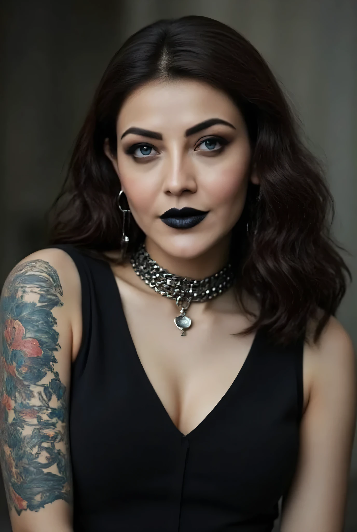 Hyper realistic photo perfect goth vampire, sexy seductive facial features, tattooed face, smooth snow white skin, thin curved black eyebrows. Black eyeliner, dark black eye shadow, Florence neon blue eyes, crazy eyes, thick black lipstick, curved lips,, extremely detailed long black wavy hair, vibrant red highlights in hair, earrings, lip piercings, choker collar with chains, complete fullbody, larg voluptuous breast, devil tattooed breast,devil tattooed Sternum underboob,devil tattooed stomach, slim waist, toned hips, toned thighs, devil tattooed back, devil tattooed hips, age vagina, perfect pussy, thick toned ass, devil tattooed vagina, devil tattooed ass, posing to show armpit