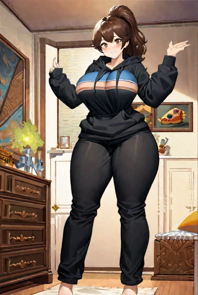 solo, (brown sweater), (gray pants), seductive smiling, (((standing to camera))), (red heels), (brown eyeshadow), (brown curly hair), ((voluptuous body)), (perky butt), (((mother))), radiant lighting, vibrant colors, whimsical atmosphere, 8K, high resolution, highly detailed, masterpiece, vibrant and luminous, dynamic and imaginative, beautiful and enchanting, charming and captivating