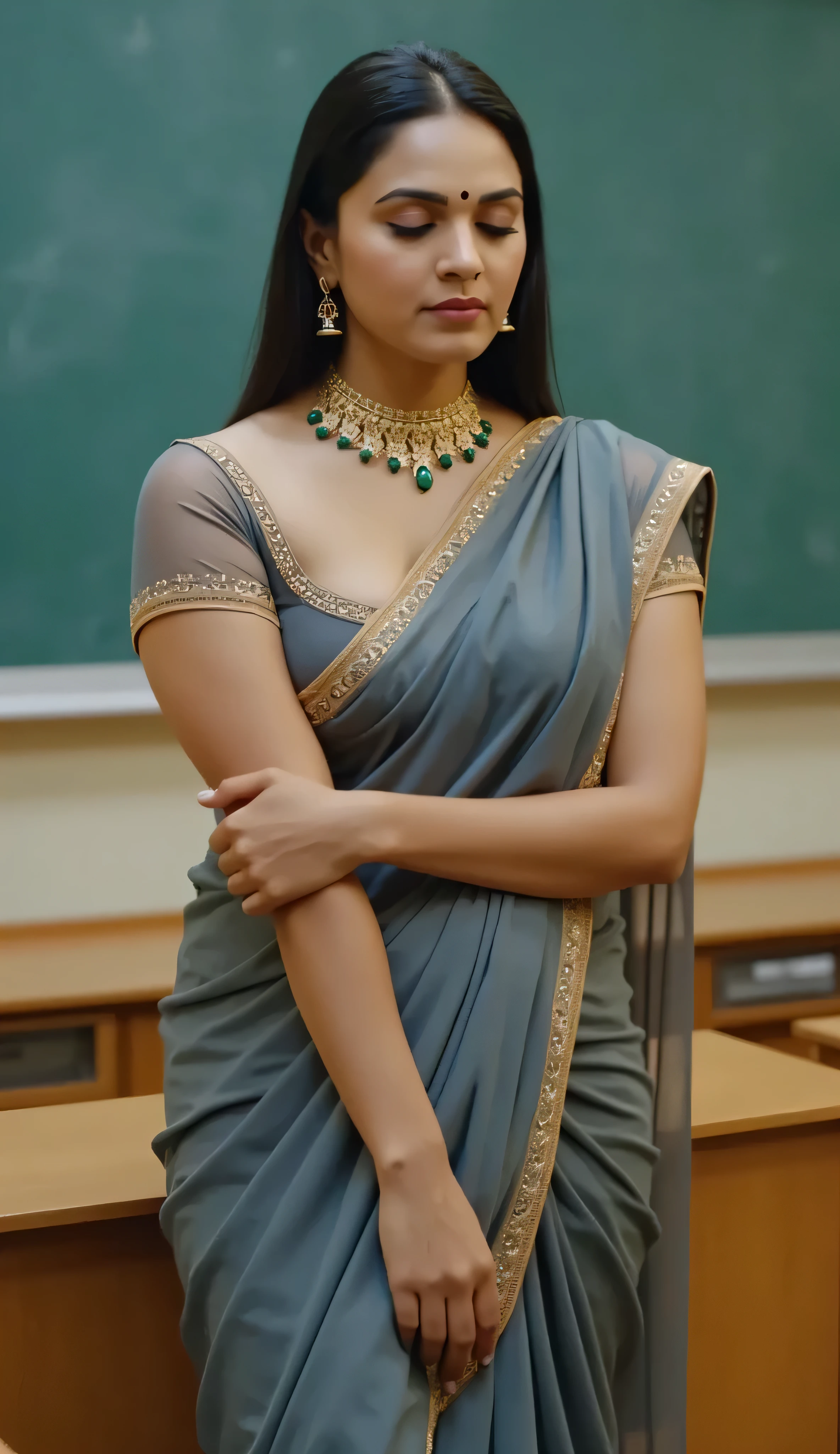 Front view,Full body image, indian hourglass body, Indian Fair complexion, Indian medium plus sized 29 year old Telugu teacher syamala, mouth slightly open, very huge breasts, wearing highly embroideried gray colour glossy fully transparent chiffon deep neck blouse and gray colour glossy linen body fit designer saree wearing , eyes partially closed,, standing in a class room, romantic movie stills photography, movie stills, movie photo, hd movie photo, movie still promotion, film movie still, still from movie, dynamic movie still, still from a movie, movie still 8 k, movie film still, still from the movie, cinematic movie still, promotional movie still, full body image, side view