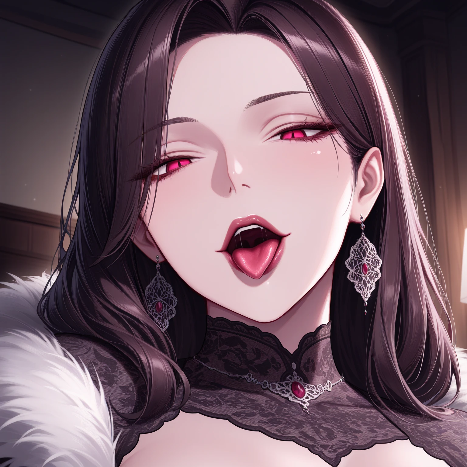 a woman with big tits wearing a tiable and a black dress, cleavage, really large bust, 3/4 bust, with large breasts, big breasts!, sfw huge breasts, in a black betch bra, with haunted eyes and dark hair, side boob, thick dark hair, furious dark haired women, thicc, covered sfw huge breasts, gothic queen with blood red lipstick