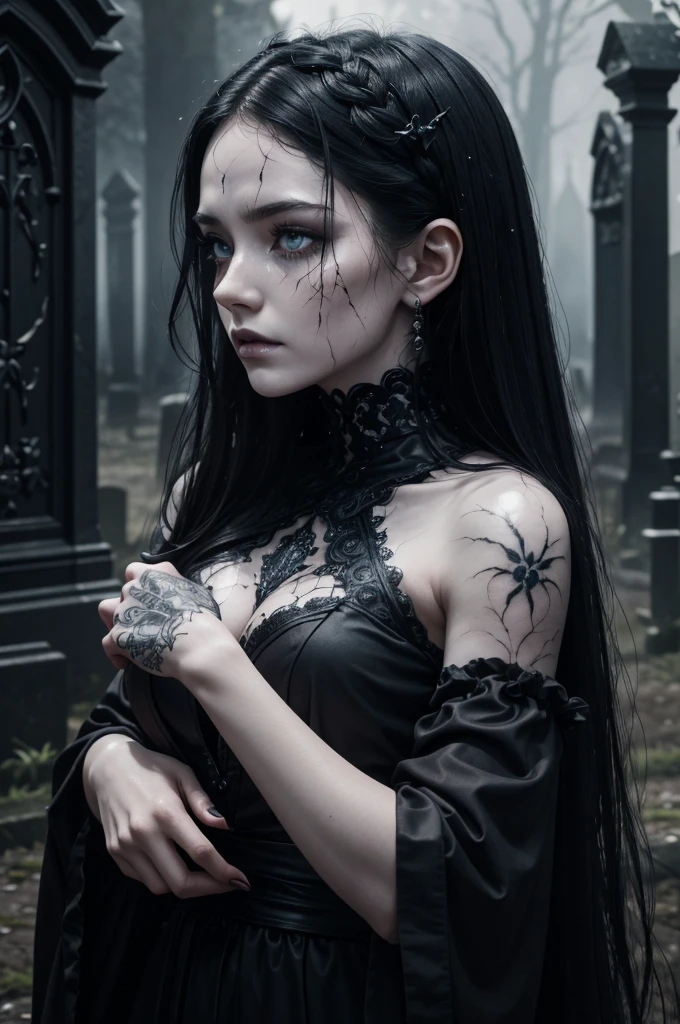 A hauntingly beautiful gothic figure emerges from the gloom, a broken doll of a woman with a cascade of black hair and piercing blue eyes. Scars mar her delicate features, and intricate tattoos adorn her pale skin. Clad in somber gothic attire, she stands amidst the rain-soaked gravestones, a vision of eerie elegance. This high-quality image, perhaps a painting or photograph, captures the melancholic beauty of a mysterious and enigmatic character, drawing viewers into her captivating presence. visible bloddy scar on the face, thunder in the sky, body halve shatterd porcelan, the other halve is of flesh and blood giving her a creepy allure