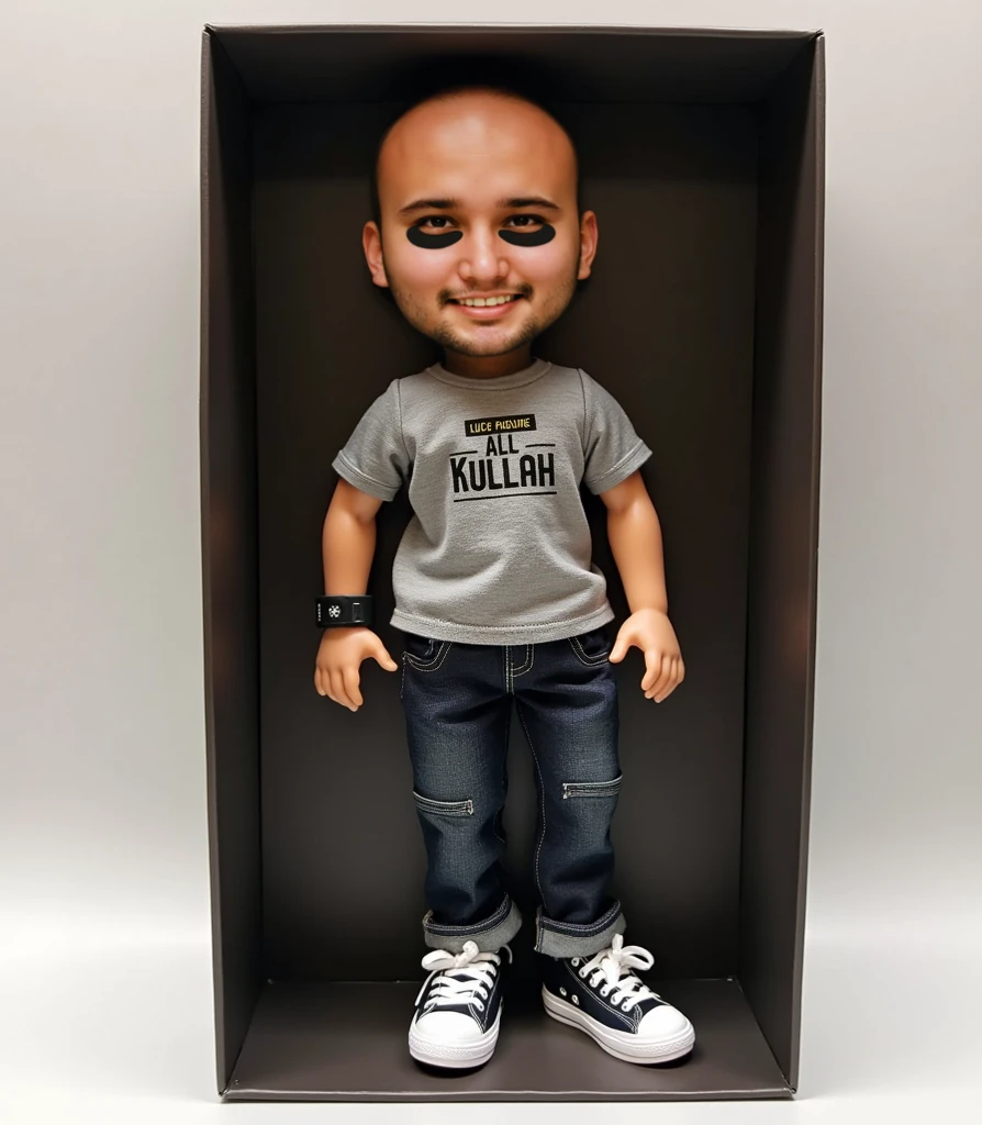 a male asian Fashion designer boss, 48-years-old,mature, big head, short spiky haircut,smile with very deep dimples,fit, clean shave, Highly detailed face, wearing Black Square Myopia Glasses, Wear black T-shirt and dark blue jeans and black running shoes, best quality, 3d cartoon,full body view, fantasy, Toy figures, dreamlike, surrealism, super cute