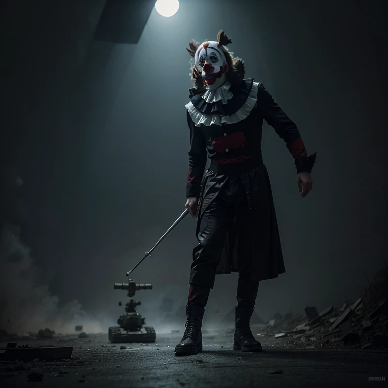 Malevolent Circus Tricks An image showcasing an evil clown performing twisted and dangerous tricks, such as juggling flaming objects or walking on a tightrope suspended over a pit of darkness, Ultra realism, color field printing, high detail, UHD, 8k, anatomically correct, cinematic lighting 4d quality --auto