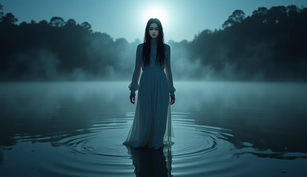 The scene takes place in a dense, ancient forest, where the trees are so tall that their intertwined branches completely block out the moonlight. The darkness is total, except for a thin beam of bluish light that penetrates the thick fog, creating elongated, distorted shadows that appear to move of their own accord.In the heart of this forest, there is a small lake with black and impenetrable waters, so quiet they seem made of glass. in the center of the lake, floats an old boat, with rotten and creaking wood, apparently long abandoned. However, something seems to inhabit its darkness.inside boat, a figure is standing, immobile. It's a woman, or at least something that resembles a woman. Your white dress is in tatters, dirty with mud and dried blood, contrasting eerily with the darkness around it. Her long black hair is wet, sticking to your face, but his face is not visible – it is hidden by darkness, except for your eyes. They glow unnaturally, with a silvery glow that pierces the darkness like two sinister headlights.She holds a lit candle, but the flame is not normal; it's blue, and its light does not dispel the darkness, but it attracts her, making everything around even darker. The light only illuminates your face, revealing a twisted and insane smile, that suggests something beyond madness – a deep, inhuman malevolence.The water around the boat begins to stir slightly., as if something was moving beneath the surface, something big and invisible. The waves begin to crash against the shores of the lake, and the sound is almost drowned out by the growing murmur coming from the forest, as if thousands of voices were whispering ancient and forbidden secrets.Suddenly, the woman raises the candle and looks directly at the person watching her, his eyes shining with an intensity that freezes the blood. The murmur turns into a high-pitched scream, penetrating, and the darkness seems to close in around, leaving only the woman and her silver eyes