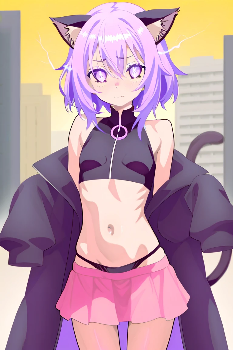 1girl,detailed eyes,(child:1.8),pink hair, purple eyes, Sweat,outdoor,night sky,pussy,spred pussy, ,rooftop ,open bodysuit ,midriff ,sci-fi,cyberpunk ,navel,nipples,happy ,nude