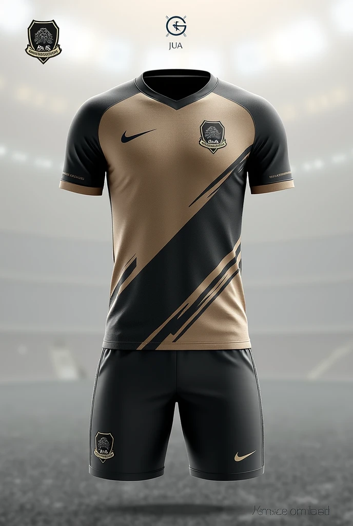 A minimalist all-black soccer team uniform, A symbol of a train seen from the front in high relief on the right side of the chest