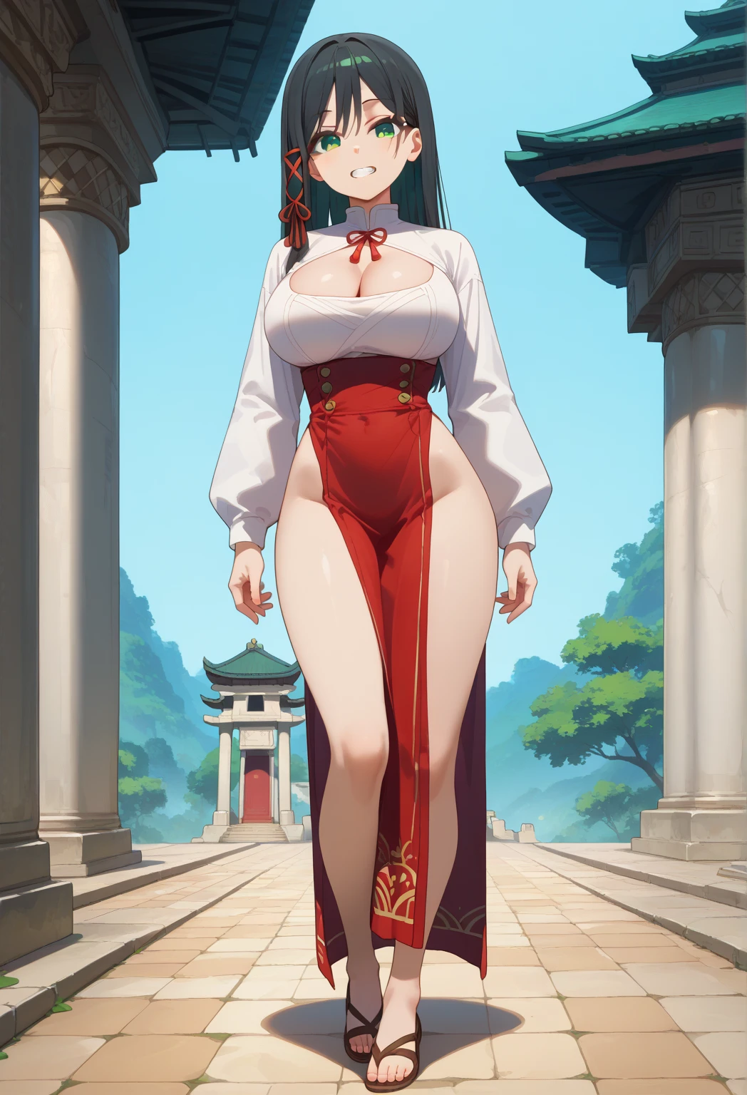 4k, high quality, soft light, cel shading, thick lines, short black bob hair, dark eyes, sexy, big breasts, thick thighs, wide hips, chinese dress, leg slit, muscular, toned, long flowing chinese dress, ornate, jewelry, hair bun, hair accessory, sexy anime lady, thicc, thick lady, thick hips
