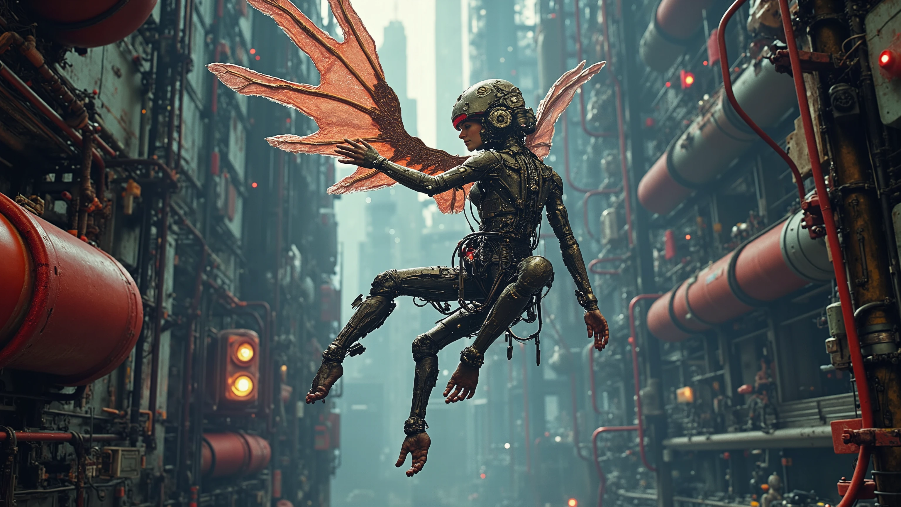 Anime drawn image, intricate, detailed, ornate, fantasy, machinery, neon, cyborg, mechanical parts, mechanical limbs, mechanical wings, cybernetic augmentations, probes, cables, wires, suspended in the air