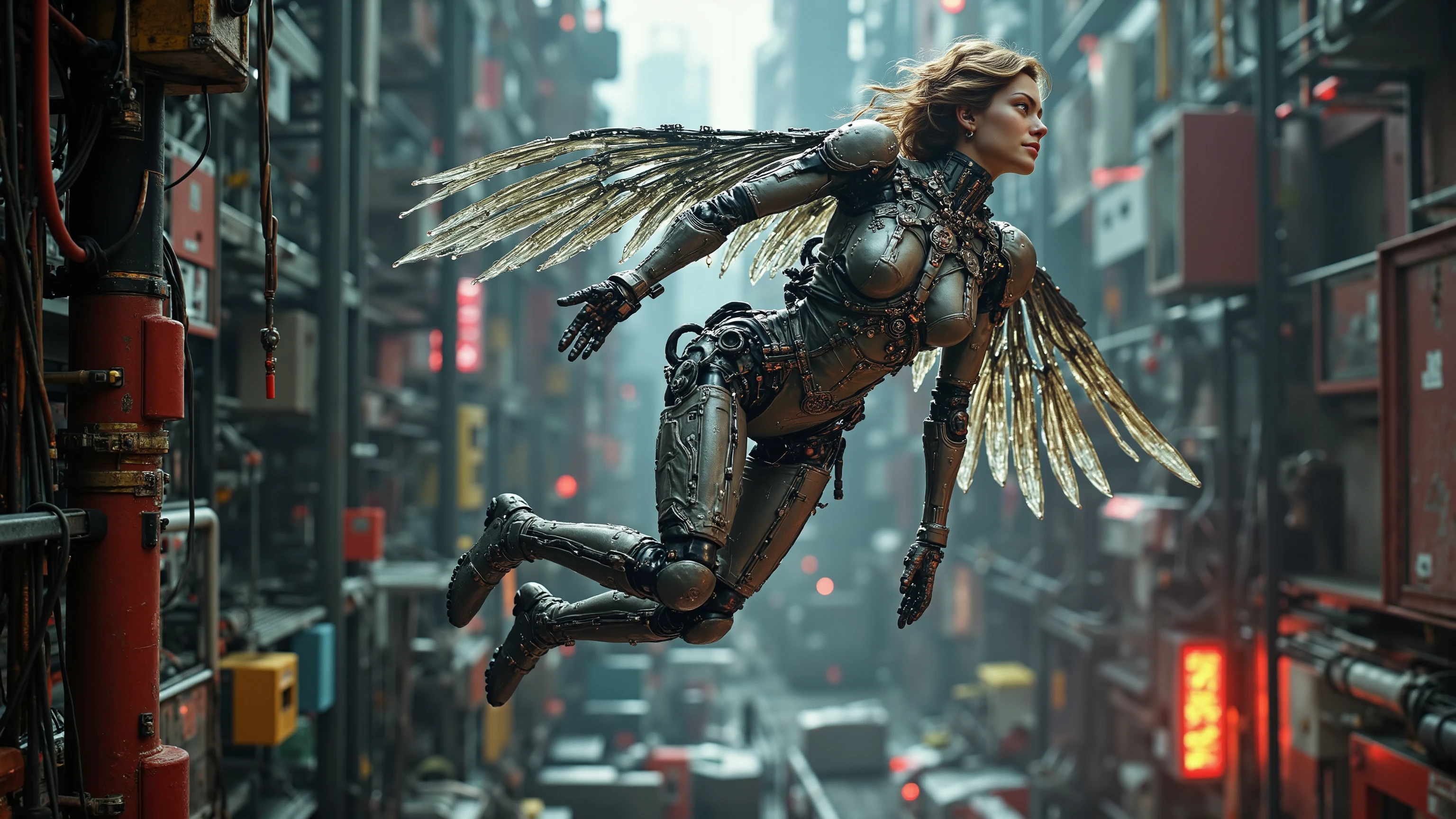Anime drawn image, intricate, detailed, ornate, fantasy, machinery, neon, cyborg, mechanical parts, mechanical limbs, mechanical wings, cybernetic augmentations, probes, cables, wires, suspended in the air
