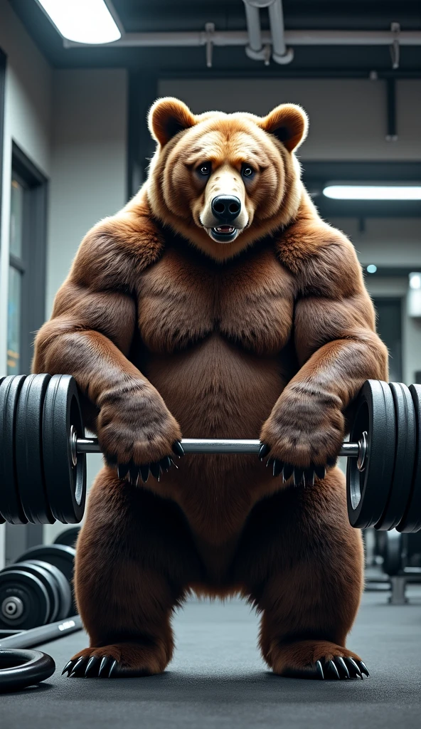Monstrously massive muscle anthro furry bear in a red shirt and a red shirt on is holding 1000-pound barbell with one hand, furry art, muscle flex