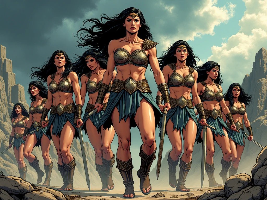 Arte de similar John Buscema. Selvagem,mulher guerreira, muito bonita,cabelos negros compridos,olhos escuros sombrios,seios grandes,usando armadura feminina romana, wearing sandals,standing with a sharp sword in hand,standing in front of his enemies
