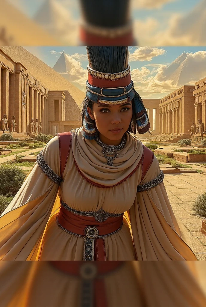 Egyptian woman, pharaoh, gold jewelry, Masterpiece, Ultra realistic, Photo realism, standing, short black hair in braids, bobcut, cowboy shot sultry look, seductive,