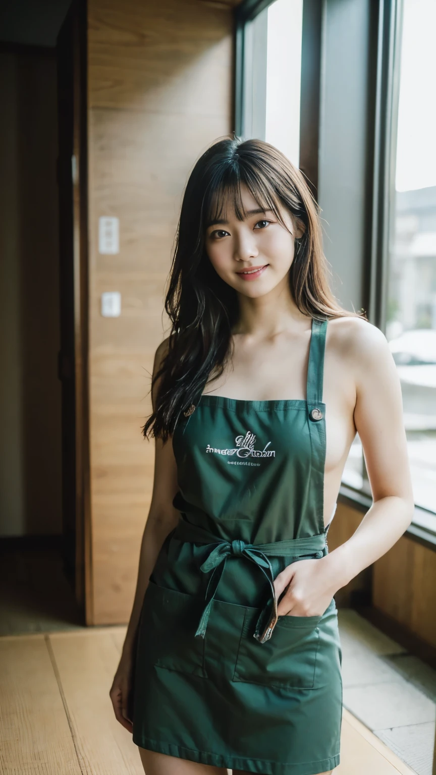 (Realistic、Realistic、Super detailed、Highest Detail Skin、highest quality、masterpiece、超A high resolution)、Very cute Japan woman、21 years old、Gradient lighting、One Girl、PurerosFace、(((((Naked Apron、Wearing only an apron、Green apron only、No clothes)))))、((Coffee shop clerk、Serving customers at the counter))、On the bed、Laughter、Realistic skin types、Perfect Style、Carving an idol pose、Shortcuts、looking back,