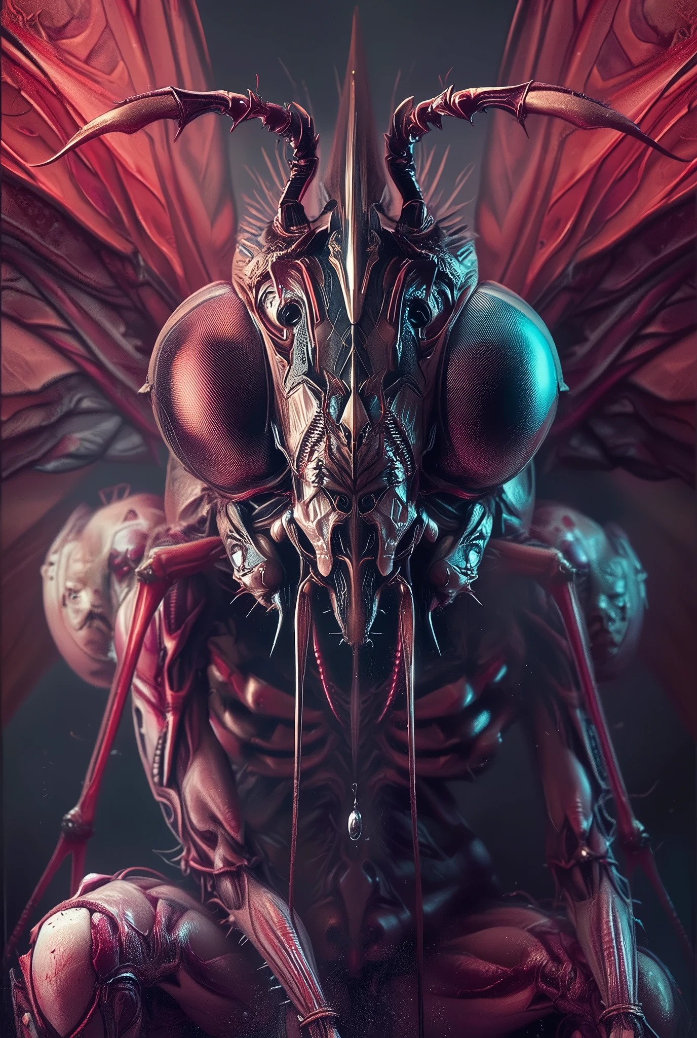 (Best Quality, 4K, high definition, masterpiece:1.2), (super detailed, photorealistic looking happy:1.37), photo taken by professional photographer, a beautiful, extremely sensual queen of bugs, detailed facial features, elegant posture, alluring expression, best quality, 4K, high resolution, photorealistic, HDR, UHD, studio lighting, vivid colors, fantasy scene, dark atmosphere, dramatic lighting, intricate details, macro photography, insect portrait, neon colored