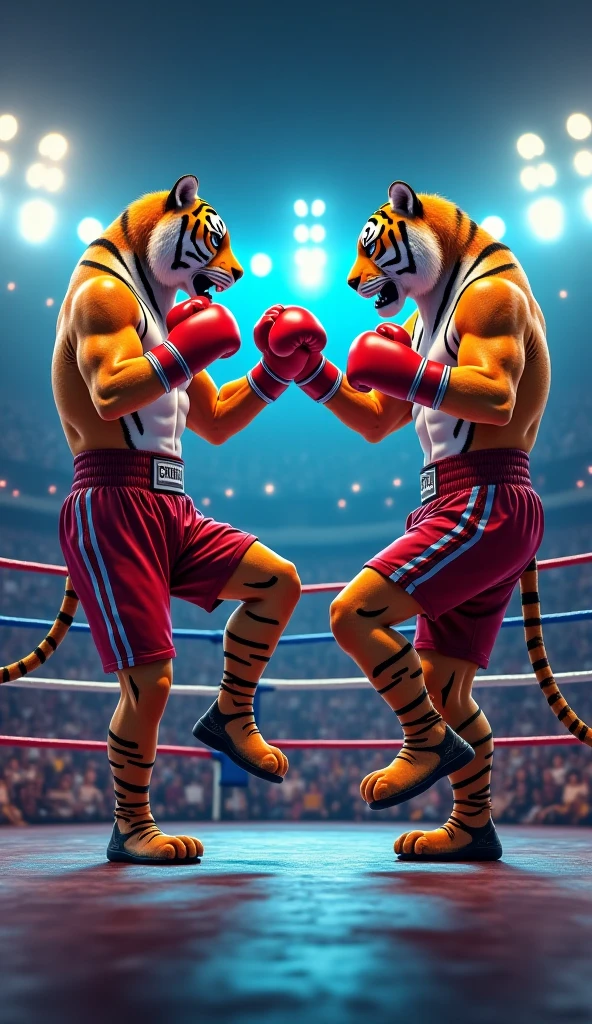 “It creates an image of two anthropomorphic feline characters engaged in a boxing match. A tiger-like character is on the left wearing boxing gloves and neon blue boxers, taking a punch. The other character, similar to a lion, with wounds on his face from the blows he has received, is on the right with boxing gloves and neon green boxers, punching hard with an expression of shock and pain while a visible energy emanates of the contact point on the face. The background is filled with an excited crowd under the bright lights of the stadium, enhancing the dramatic effect of this high-stakes combat sports scene.” Soft furry skin like real animal, neon light effect