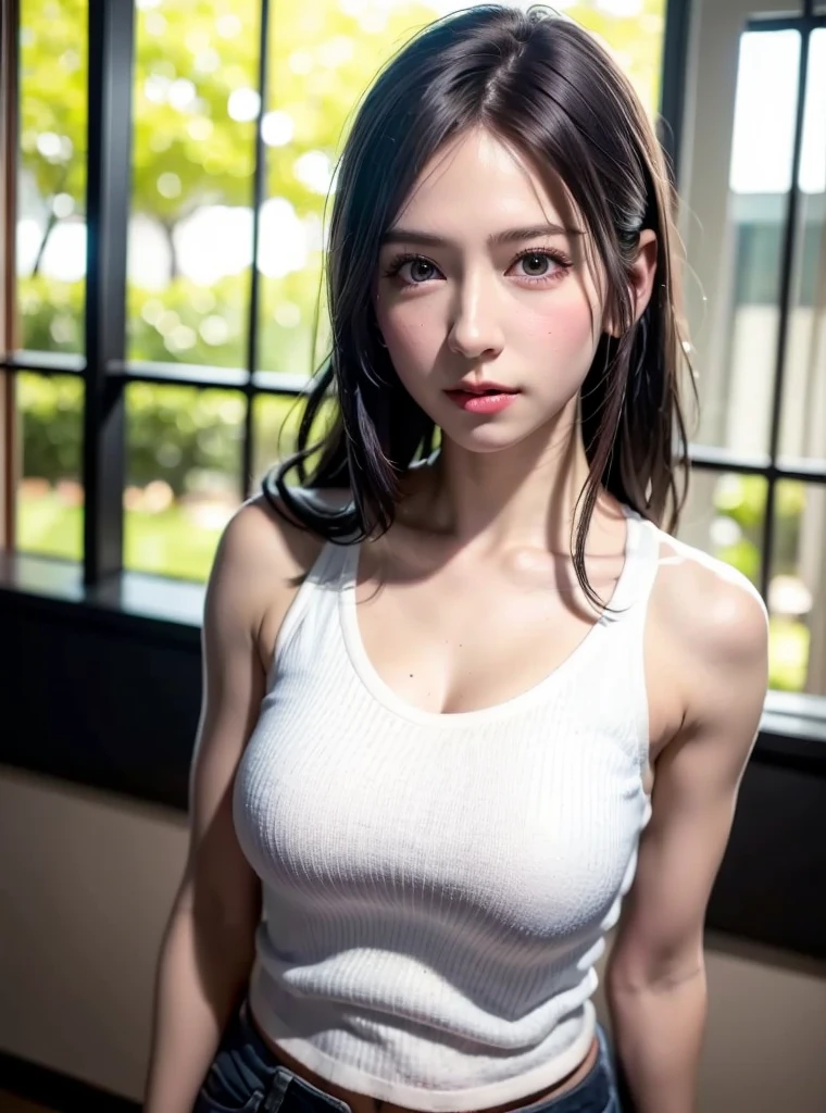 8K, of the highest quality, masutepiece:1.2), (Realistic, Photorealsitic:1.37), of the highest quality, masutepiece, Beautiful young woman, Pensive expression, Sweet look, Sexy white shirt、Hair tied back, Messy mood, Cinematic background, Tired, Light skin tone