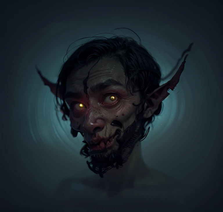 skinny man, grimdark, with glassy eyes, half of your face burned completely, middle finger with a large, grotesque nail curved like a sickle, scary environment in the middle of the forest in front of a cabin that is illuminated by the light of the full moon.
