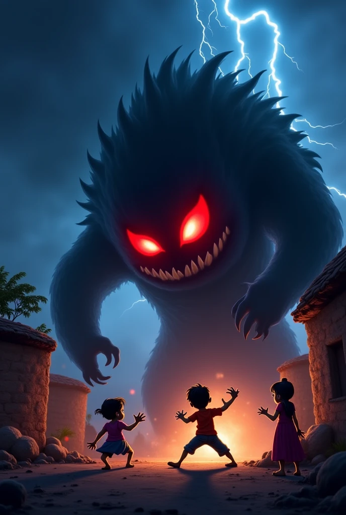 A very bad monster that invade a small village at night and two little girls run from that monster