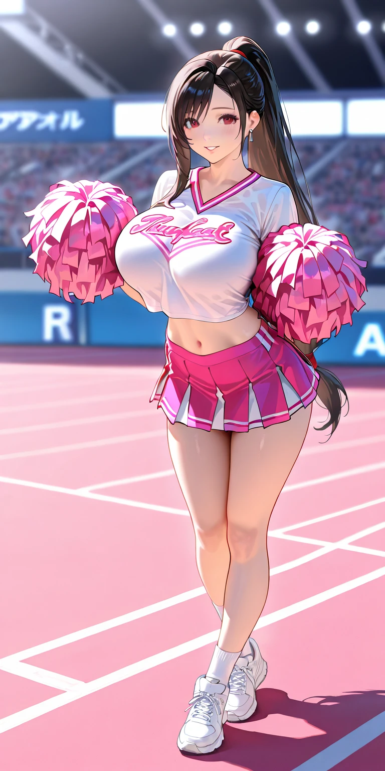 cheerleader outfit, football stadium, pom-poms, highres, masterpiece, perfect ligthing, bloom, cinematic lighting, adult, perfect skin, female, ((full body shot)), smile, narrow waist, skinny, (PrincessPeach), (Princess Peach), choker, detailled eyes, blue eyes, choker, sensual,  pink lips, ((glossy lips)), pursed lips, pink pumps, glossy skin, oily skin, beautiful light, (day:1.3), bright, (big breasts:1.4)