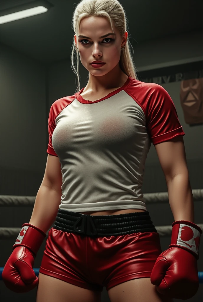 Create a circular design that conveys intensity and determination, use uma paleta de cores vibrantes e fortes como o tema boxe. Mostre um boxeador em seu manto com capuz, looking directly at the camera, focado na luta, in a medium shot. com fundo branco e a frase "boxe" escrito de uma maneira especial