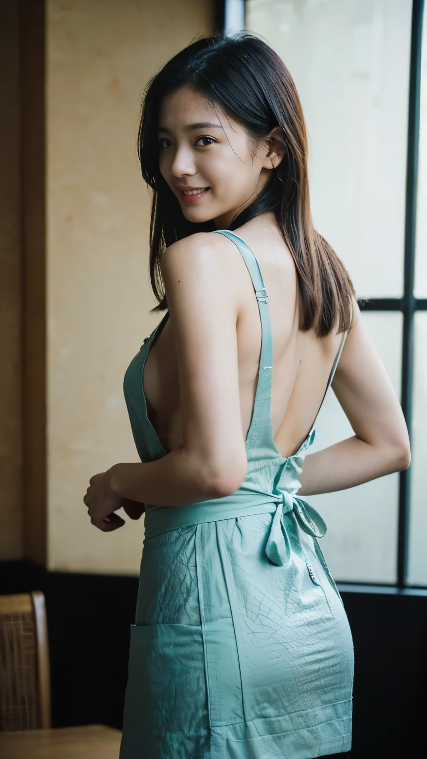 (Ultra Realistic), (High Definition), (8K), (Very Detailed), (Beautiful and Detailed Eyes), (Best Quality), (Ultra Detailed), (Masterpiece), (Detailed Face), Solo, One Girl, Japan Actress Face, Adult Woman, Face Is About 40 Years Old, Fine Details, Detailed Face, Natural Light, Smile, Bust, Bathrobe, Bath, See-through, Long Legs, Thin Waist, Buttocks, Ultra Fine Makeup, Ultra Fine Clothes, (((Raised Butt)) , ((back)), shorthair,