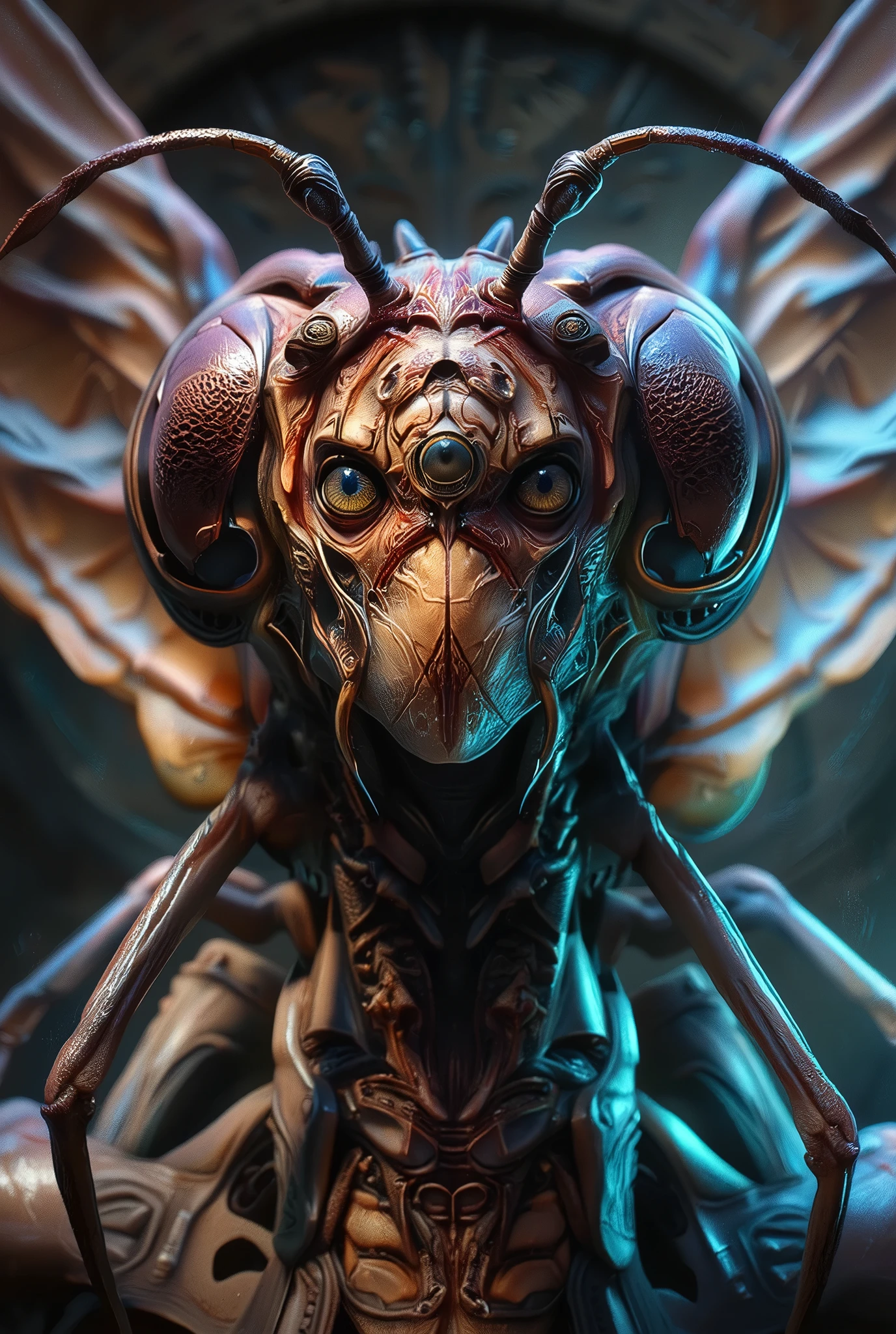 (Best Quality, 4K, high definition, masterpiece:1.2), (super detailed, photorealistic looking happy:1.37), photo taken by professional photographer, a beautiful, extremely sensual queen of bugs, detailed facial features, elegant posture, alluring expression, best quality, 4K, high resolution, photorealistic, HDR, UHD, studio lighting, vivid colors, fantasy scene, dark atmosphere, dramatic lighting, intricate details, macro photography, insect portrait, neon colored