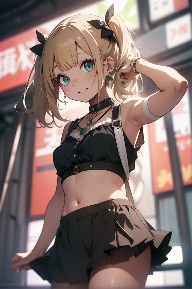 (girl): solo, (perfect face), (detailed outfit), (20 years old), cute girl, (lion ears), angry, (frowning), (claw pose), green hair, medium hair, (straight hair), blue eyes, (dark skin), small breasts, (black crop top), (denim hot pants, torn thighhighs), (flower hair ornament), (fingerless gloves), (necklace) (background): from side, outdoor, (SF world), (skyscrapers), (holograms), (drones), (future cars), night, cloudy (effects): (masterpiece), (best quality), (sharp focus), (depth of field), (high res)