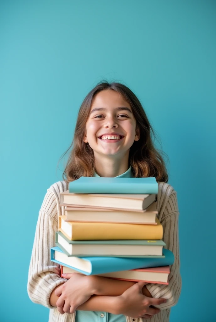 ((highest quallity)), ((photo realist)). A blonde child, 14歳, in position "from cowboy shot", looking at the camera, holding school notebook, with a pink t-shirt, beige background, advertising photo