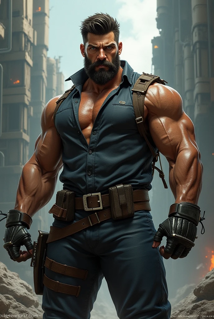 Age: 3. Hair: short, naturally dark hair. Height: 6'5. Body: muscular and broad. Broad hips and shoulders, slightly narrower hips. Sexy, very built. Muscular thighs and arms, veiny arms and large hands. Eyes: dark black, sharp,. Face: handsome, scary, intimidating .