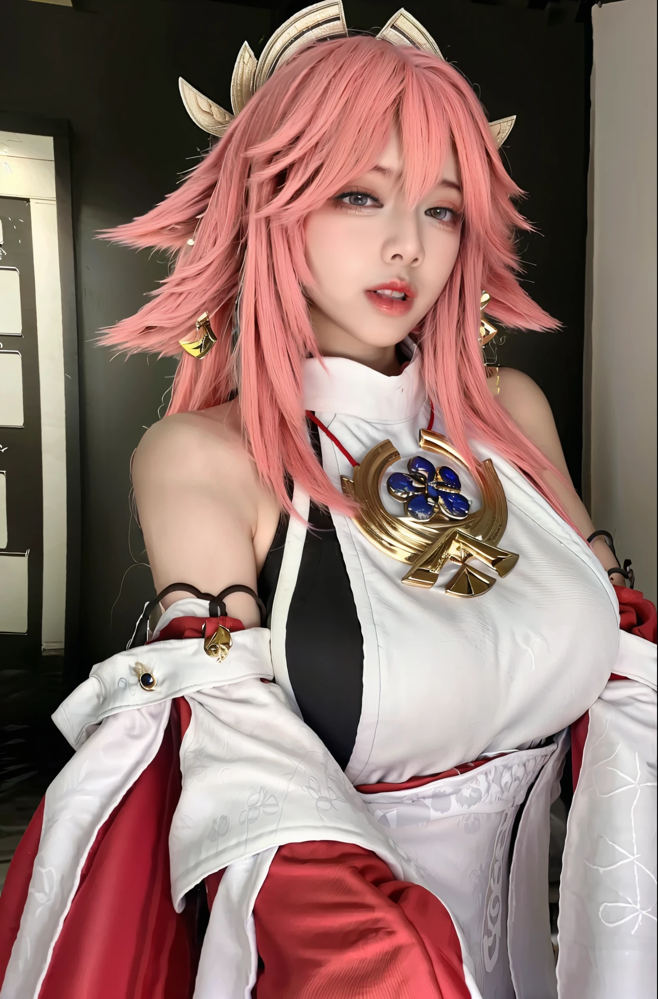 (masterpiece:1.3),best quality,high resolution,unity 8k wallpaper,ultra detailed,perfect lighting,photo_\(medium\),photorealistic,realistic,finely detail,extremely detailed,soft lighting and shadow,soft yet striking lighting,film grain:1.2,(yae miko), 1girl, solo, pink hair, (purple eyes), looking at viewer, long hair, realistic, animal ears, parted lips, detached sleeves, upper body, fox ears, grey background, simple background, bangs, lips, bare shoulders, hand up showing armpits, jewelry, wide sleeves, nontraditional miko,big breasts:1.3