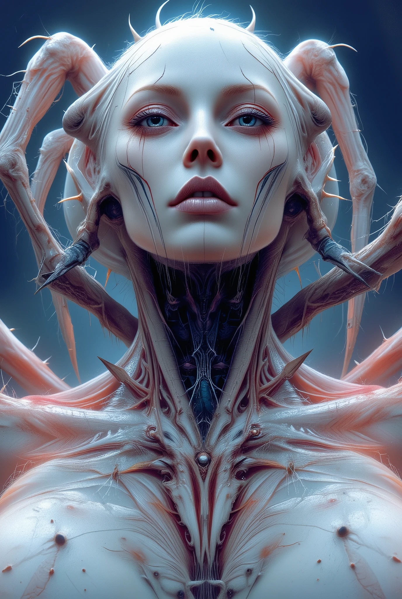 best quality,4k,8k,highres,masterpiece:1.2),ultra-detailed,realistic,photorealistic:1.37,this creature, a terrifying fusion of spider and human female with six arms, embodies a grotesque harmony of two distinct forms. Its upper body retains the unmistakable features of a woman, albeit distorted by the merging process. its eyes gleam with a sinister intelligence, more arachnid than human. (stunning lips, white skin:1.3),
From the torso sprout four additional limbs, elongated and jointed like a spider's, yet retaining a disturbingly human fleshiness. These arms are equipped with fingers that end in sharp, chitinous claws, capable of rending flesh with ease.
The lower body is a fusion of spider and human anatomy, with the abdomen stretching out behind like that of a monstrous arachnid. Jagged spines protrude from its exoskeleton, each one a reminder of its unnatural origins. The legs, a grotesque combination of human thighs and spider's hairy appendages, provide both agility and strength, enabling it to skitter across surfaces with alarming speed and grace.
In its presence, one cannot help but feel a primal fear, as if staring into the abyss where human and arachnid merge to create a nightmare incarnate. neon colored