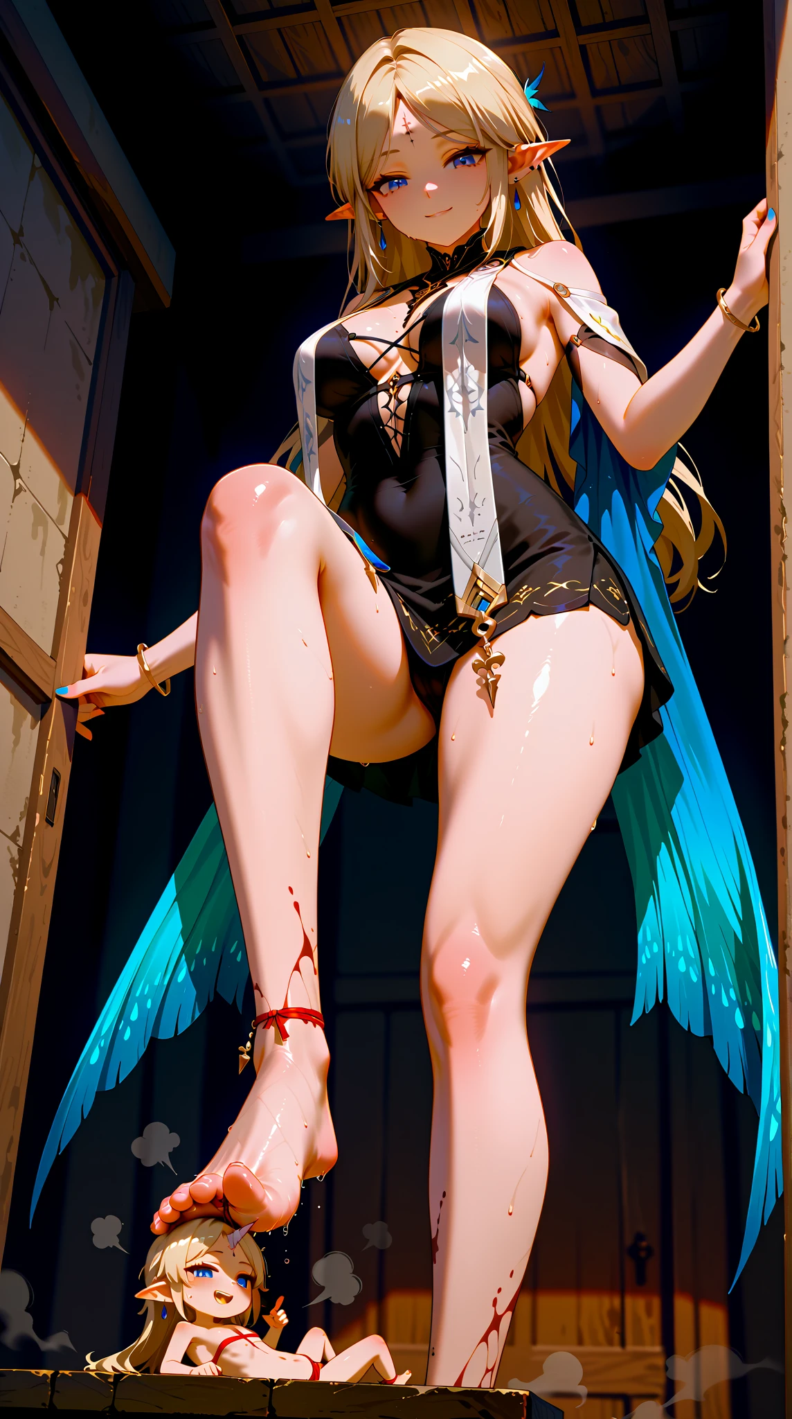 Ultra HD quality, 16K, realism, face close-up, environment realism, bedroom, girly, succubus, face refinement, shadows, light refinement, particle effects, pupil detailing, face texture clear, arrogant, played badly, relentless, blush, nose, arm veins looming, facial details, leg texture clear, chest texture detailing, big breasts, big breasts, chest squeezed in the middle, chest drooping, nipple tip slightly raised, nipple tip round, nipple tip faint girly pink, details realistic picture quality ultra-clear, semi-sheer JK skirt, Miniature squeezed bikini, clear fabric texture, large eyes, long eyelashes, bright pupils, clear lip texture, light lipstick.