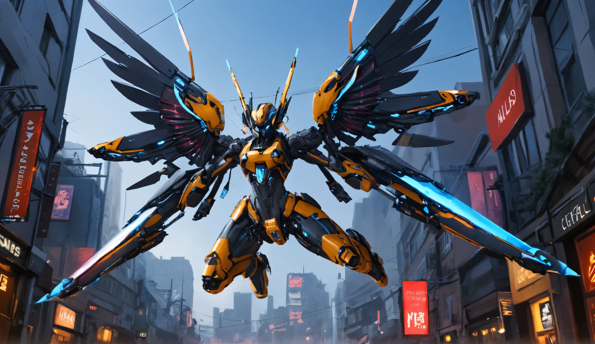 Anime drawn image, intricate, detailed, ornate, fantasy, machinery, neon, cyborg, mechanical parts, mechanical limbs, mechanical wings, cybernetic augmentations, probes, cables, wires, suspended in the air