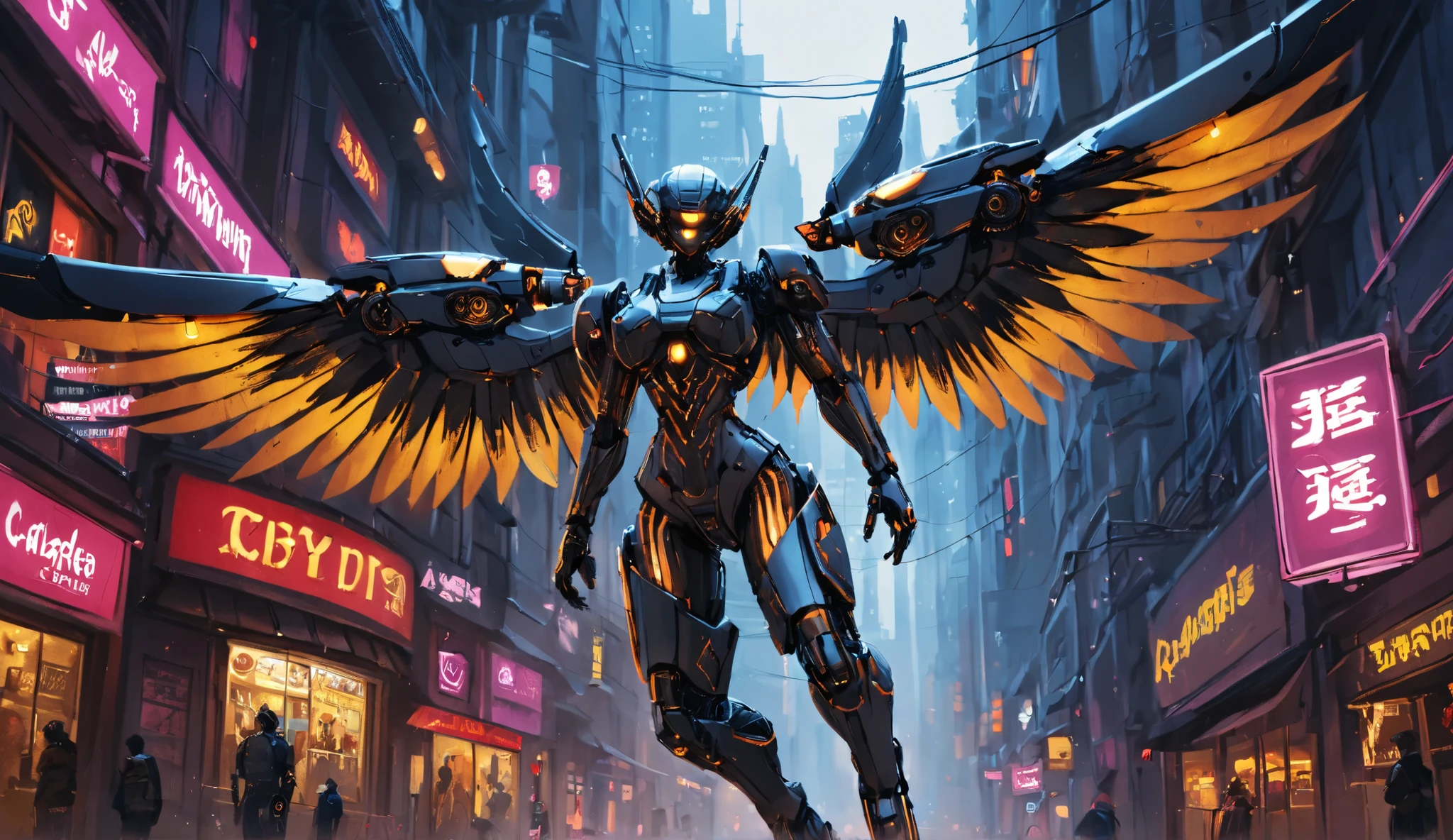 Anime drawn image, intricate, detailed, ornate, fantasy, machinery, neon, cyborg, mechanical parts, mechanical limbs, mechanical wings, cybernetic augmentations, probes, cables, wires, suspended in the air