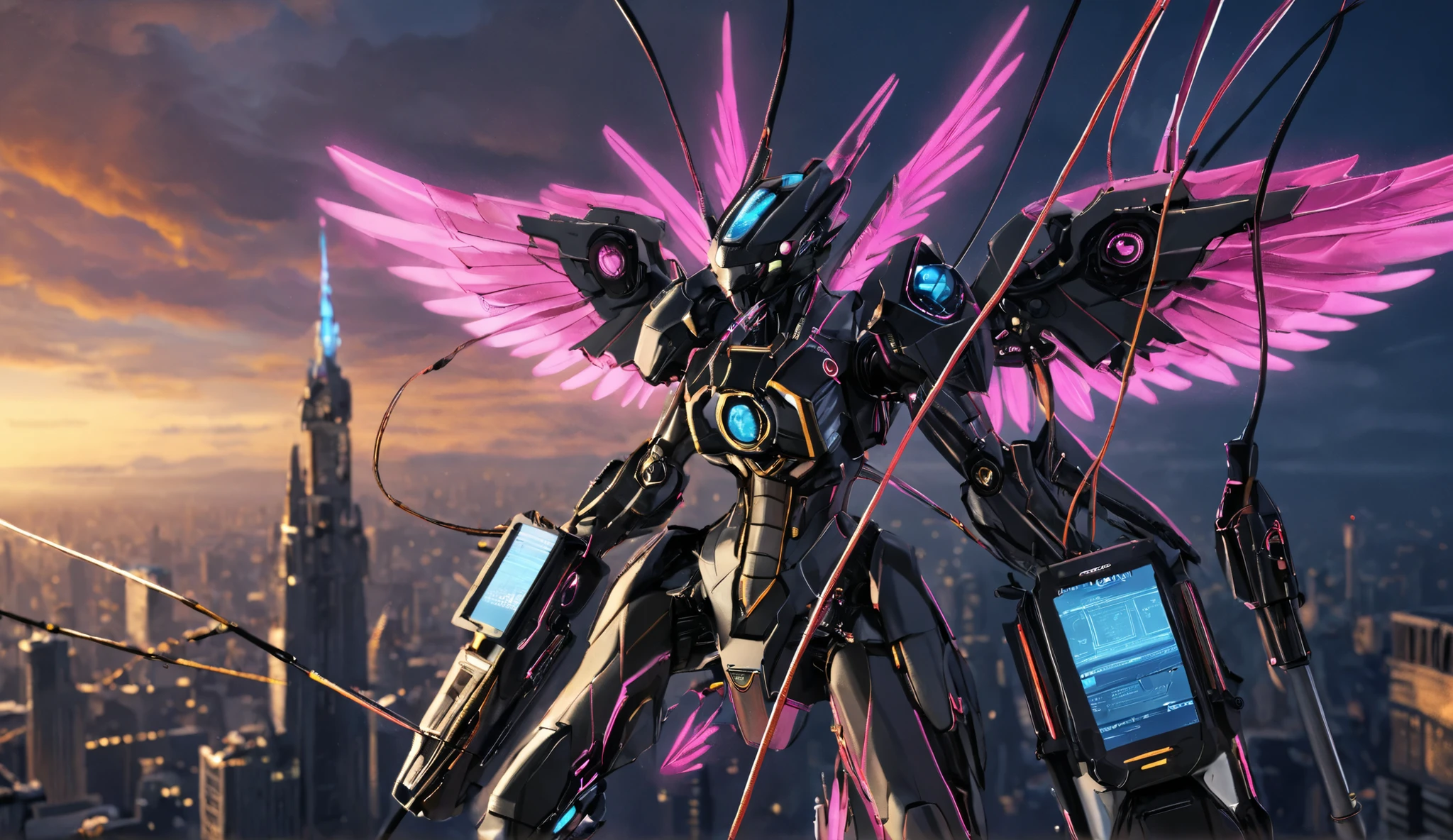 Anime drawn image, intricate, detailed, ornate, fantasy, machinery, neon, cyborg, mechanical parts, mechanical limbs, mechanical wings, cybernetic augmentations, probes, cables, wires, suspended in the air