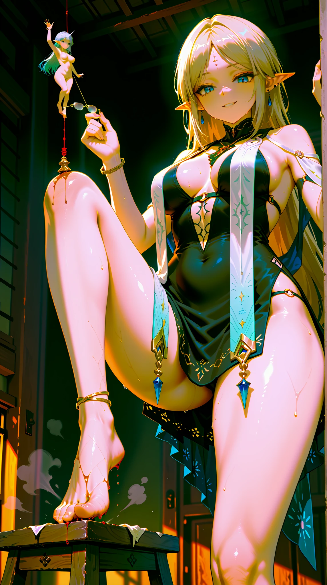 Woman with white hair and yellow eyes, mostrando os peitos, legs open showing pussy, with an angry face and a provocative look. Wearing gold and black traditional Chinese imperial clothing, with red Hanafuda earrings, with a short red skirt. On your knees in a hotel room bed, with a sunset in the window in the background.