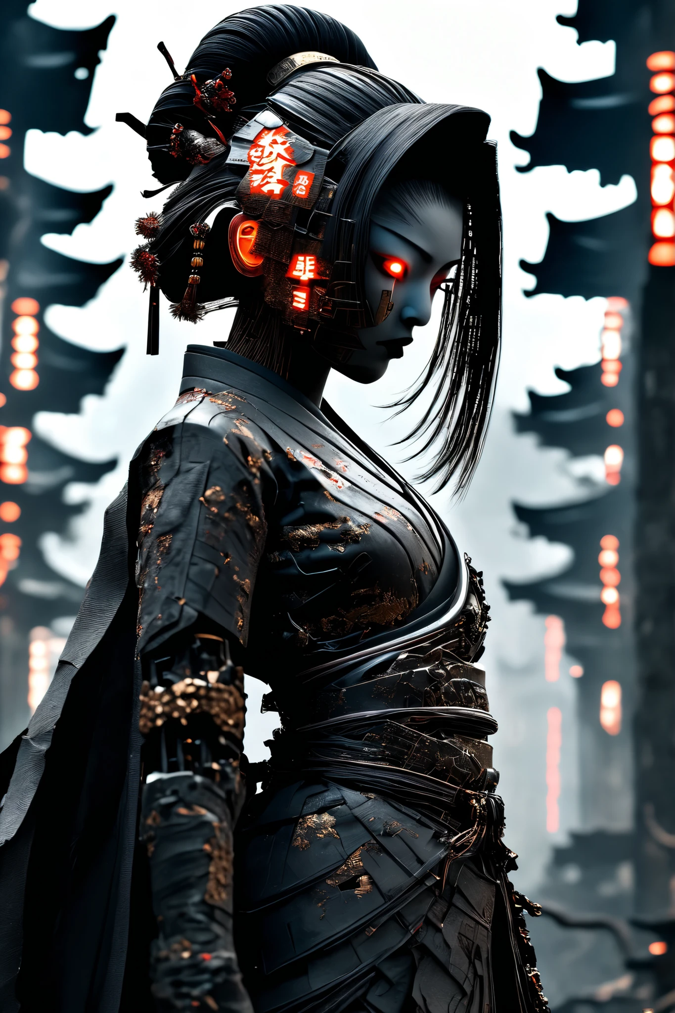 (Full-body, wide-angle, 9:16, centered, standing, feet visible, no cropping) — A stunning cyborg geisha stands in the heart of post-apocalyptic Singapore, fully visible from head to toe. She wears a torn, high-tech kimono reinforced with carbon fiber armor plating, intricate gold filigree details, and glowing biometric tattoos running down her legs and arms. Her cybernetic limbs and joints are exposed in places, humming softly with internal energy.
Her face is partially concealed by a carbon fiber mask, sculpted with delicate geisha features, and her eyes emit a soft, expressive glow. She stands atop a cracked stone walkway surrounded by the ruins of a once-beautiful temple, with collapsed pagodas, shattered lanterns, and sakura trees overtaken by ash and tangled wiring.
The lighting is cinematic, with a misty orange glow from a distant fire, and fragments of old-world Japan fused with futuristic decay. The scene captures a haunting balance between grace, survival, and advanced technology—a lone synthetic geisha in the remnants of a fallen empire.