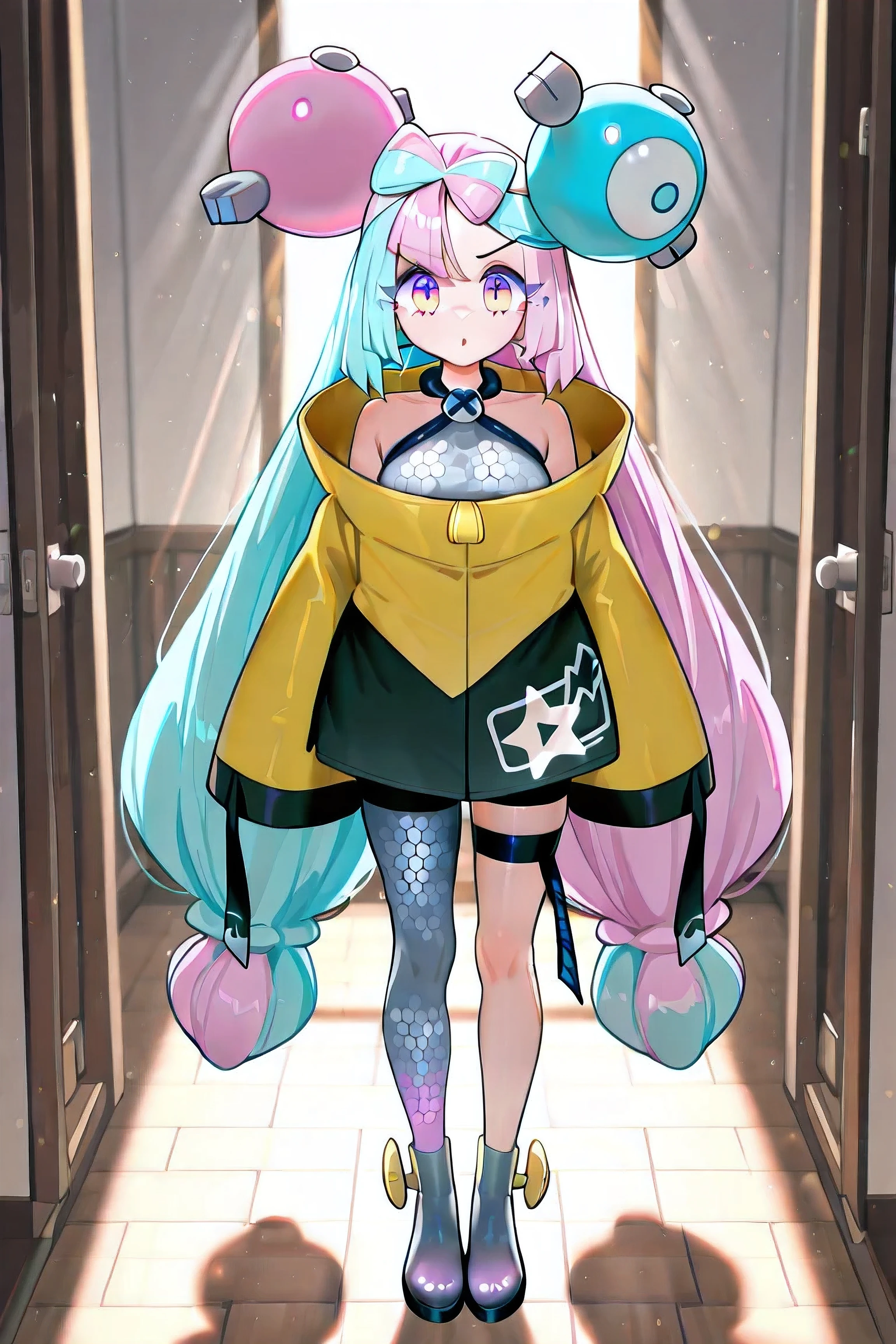 Iono (Pokémon Scarlet and Violet), young girl, ((((Just 1 Iono)))), medium breasts, Very long hair, twintails, bicolor hair, light blue and pink hair, two-toned eyes, pink and blue eyes, (((rays in the irises))), falls, falando, boca aberta, extremely detailed face, anime clothes/jogo, cheomgsam gray checkerboard, large yellow jacket, very long sleeves , short black short, checkered gray pantyhose, black shoes with large screws, extremely detailed clothes, inside the house, standing, Facing the viewer, full body, 4K, Best Quality, obra-prima.