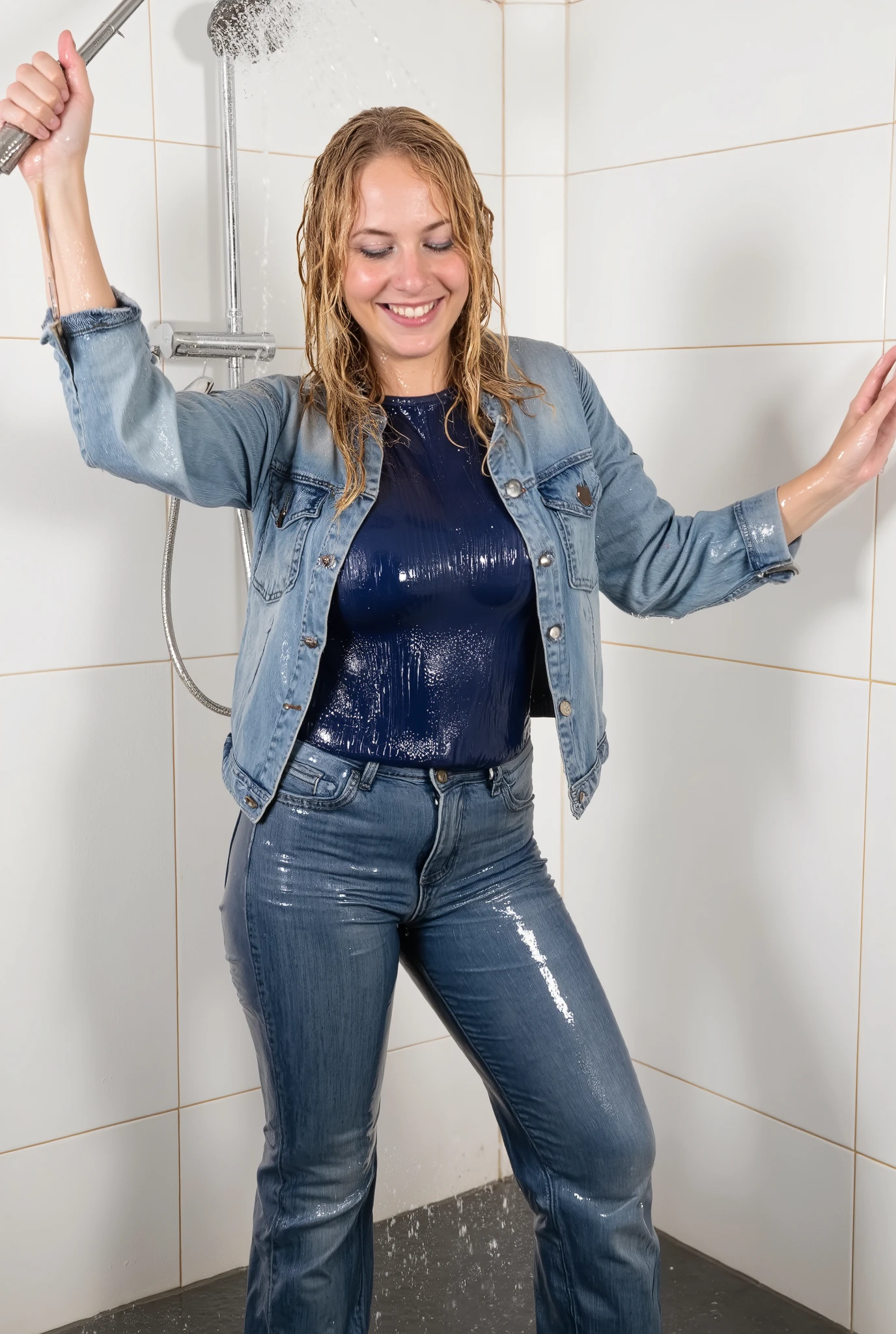 tall blonde woman with long legs, blue eyes, messy bob hair, tight blouse, skinny jeans, high heel ankle boots, show boots, inviting smile, soakingwetclothes, wet blouse, wet hair, standing under the shower, water pouring through clothes