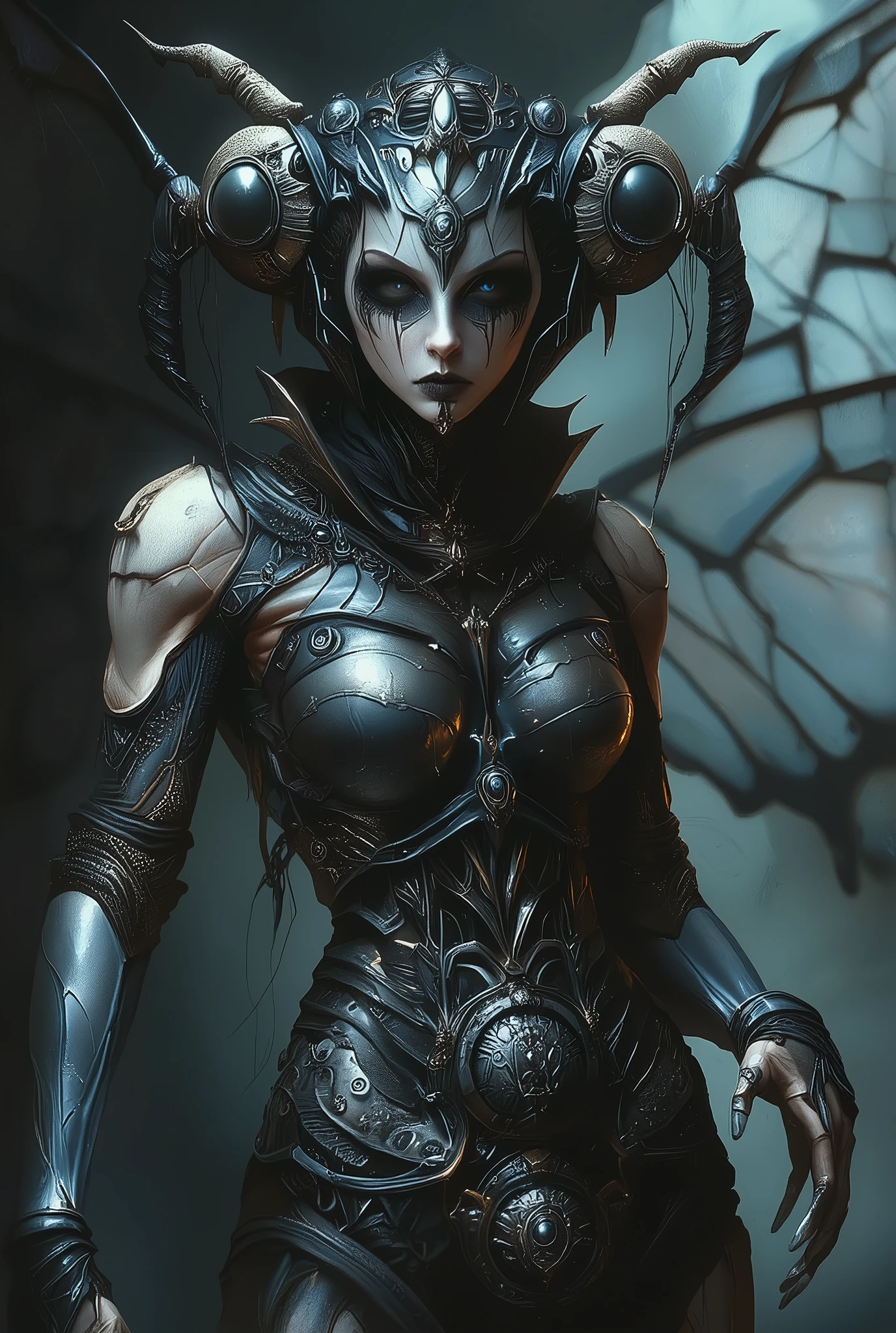 (Best Quality, 4K, high definition, masterpiece:1.2), (super detailed, photorealistic looking happy:1.37), photo taken by professional photographer, a beautiful, extremely sensual queen of bugs, detailed facial features, elegant posture, alluring expression, best quality, 4K, high resolution, photorealistic, HDR, UHD, studio lighting, vivid colors, fantasy scene, dark atmosphere, dramatic lighting, intricate details, macro photography, insect portrait, neon colored