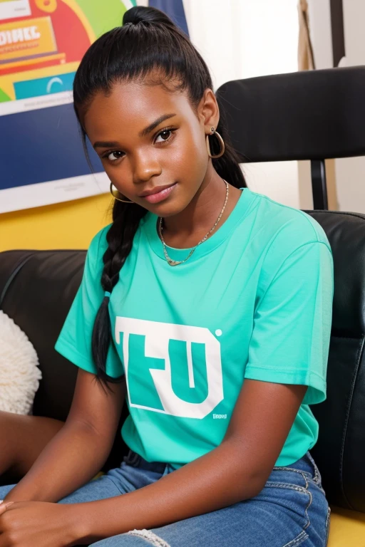 a beautiful girl, darkskin, long black and blonde braids, blue colored eyes, Bullish, dressed in blue shorts and a basketball shirt
