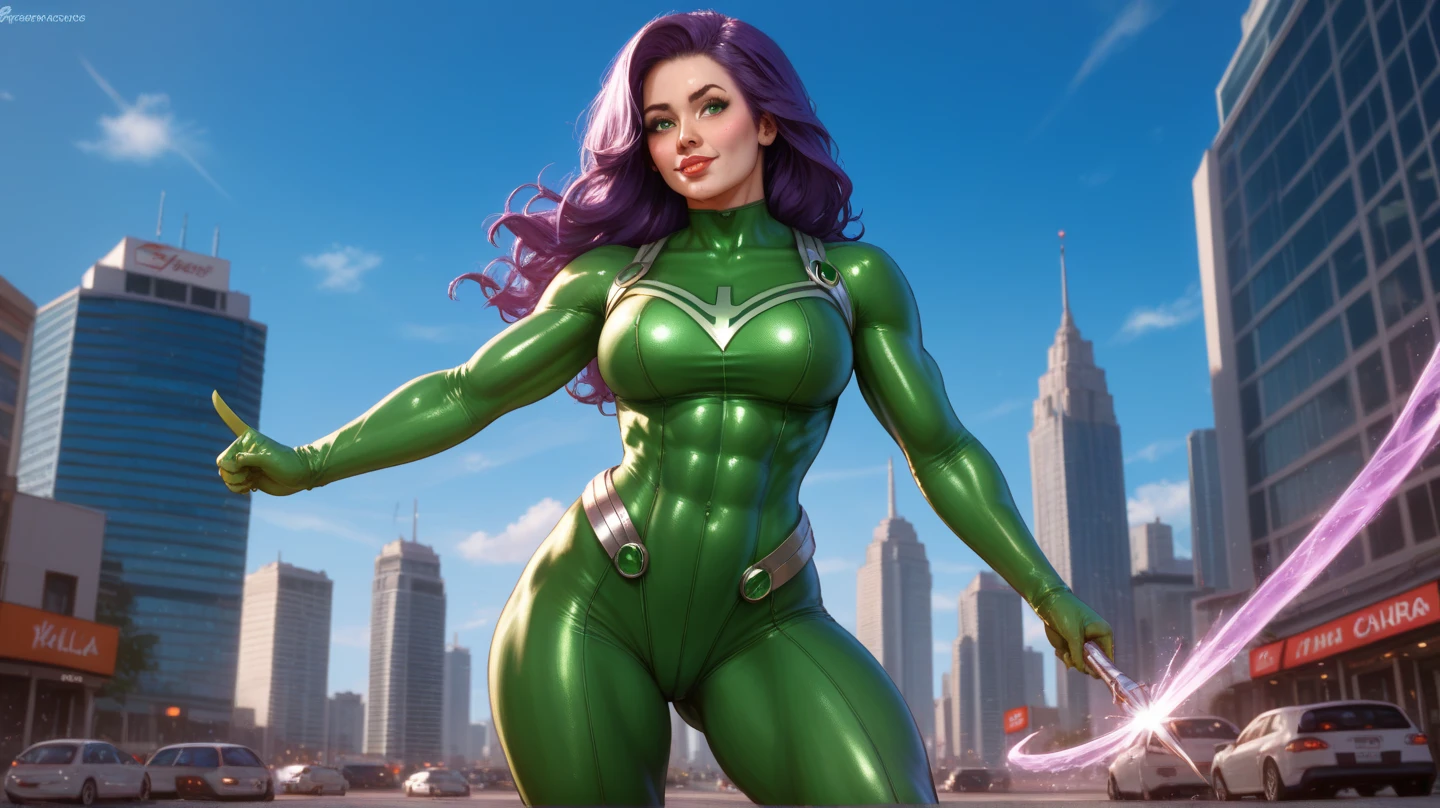 a muscular green-skinned woman,Jennifer Walters aka She-Hulk,wearing a gym outfit similar to the comics,standing in a crater in the middle of the city,looking directly at the viewer,original She-Hulk Marvel comics character,ultra-detailed,4k,8k,highres,masterpiece:1.2,ultra-detailed,(realistic,photorealistic,photo-realistic:1.37),HDR,UHD,studio lighting,ultra-fine painting,sharp focus,physically-based rendering,extreme detail description,professional,vivid colors,bokeh,concept art