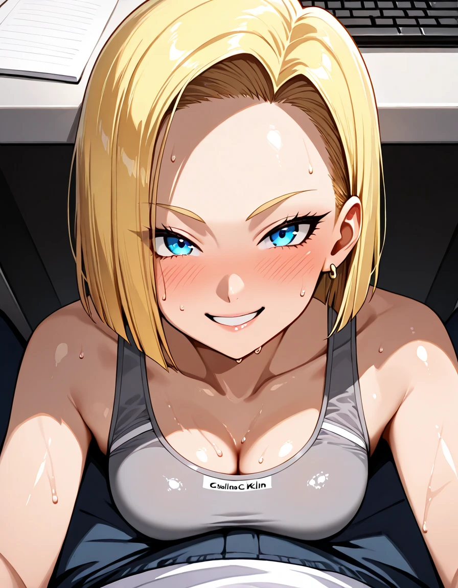 Android 18, ( Upper body close-up shot ), ( Bokeh effect ), Very fascinating, Seductive pose, smile, cute, very cute, Ultra-high resolution, masterpiece, super high quality, Super detailed, 8k, In a see-through bikini, White Bikini, Wet, Off the shoulder, Wet White Bikini
