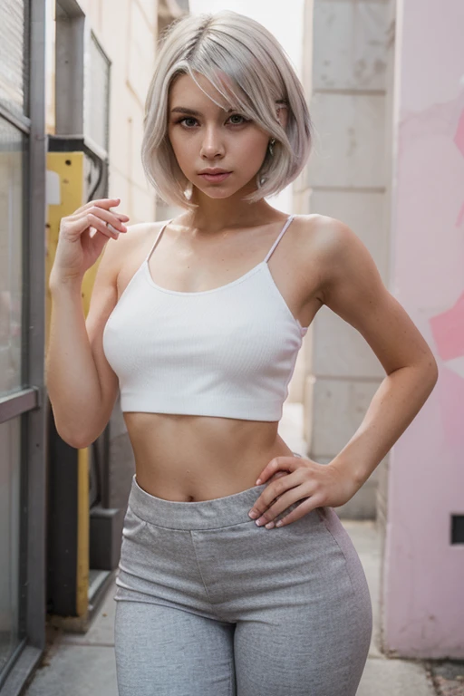 Top Quality, masterpeace, extra high resolution, (Photorealistic:1.4), Raw, 1 girl, white woman, short pink hair, Brown eyes, solo, 20 yo, off-shoulder, Cut Out Sexy Two-piece Set, Asymmetrical Sleeveless Top & Split Thigh Skirt Outfit, hair light, Shiny hair, eye highlights, Dark, deep-shadows, Low key, Cold light, Fujifilm XT3, (high quality:1.3), (ultra detail:1.3), (high resolution:1.3),  [[chromatic aberration]], best shadow, photorealism, hyperrealism, crystal clear, Cinematic lighting, volumetric lighting, (film grain:1.2), 1 girl, 8K, solo