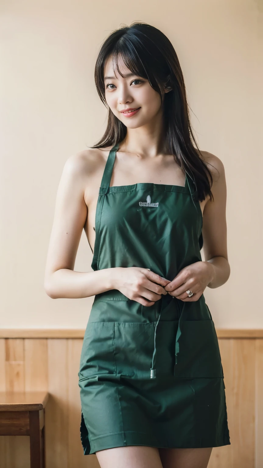 (Realistic、Photorealistic、Ultra-detailed、Highest Detail Skin、highest quality、masterpiece、超A high resolution)、Very cute Japanese woman、21 years old、Gradient lighting、One Girl、Purelos Face、(((((Naked Apron、Wear only an apron、Green apron only、No clothes)))))、((Coffee shop clerk、Serve customers at the counter))、On the bed、Laughter、Realistic skin types、Perfect Style、Gravure idol pose、shortcut、profile,