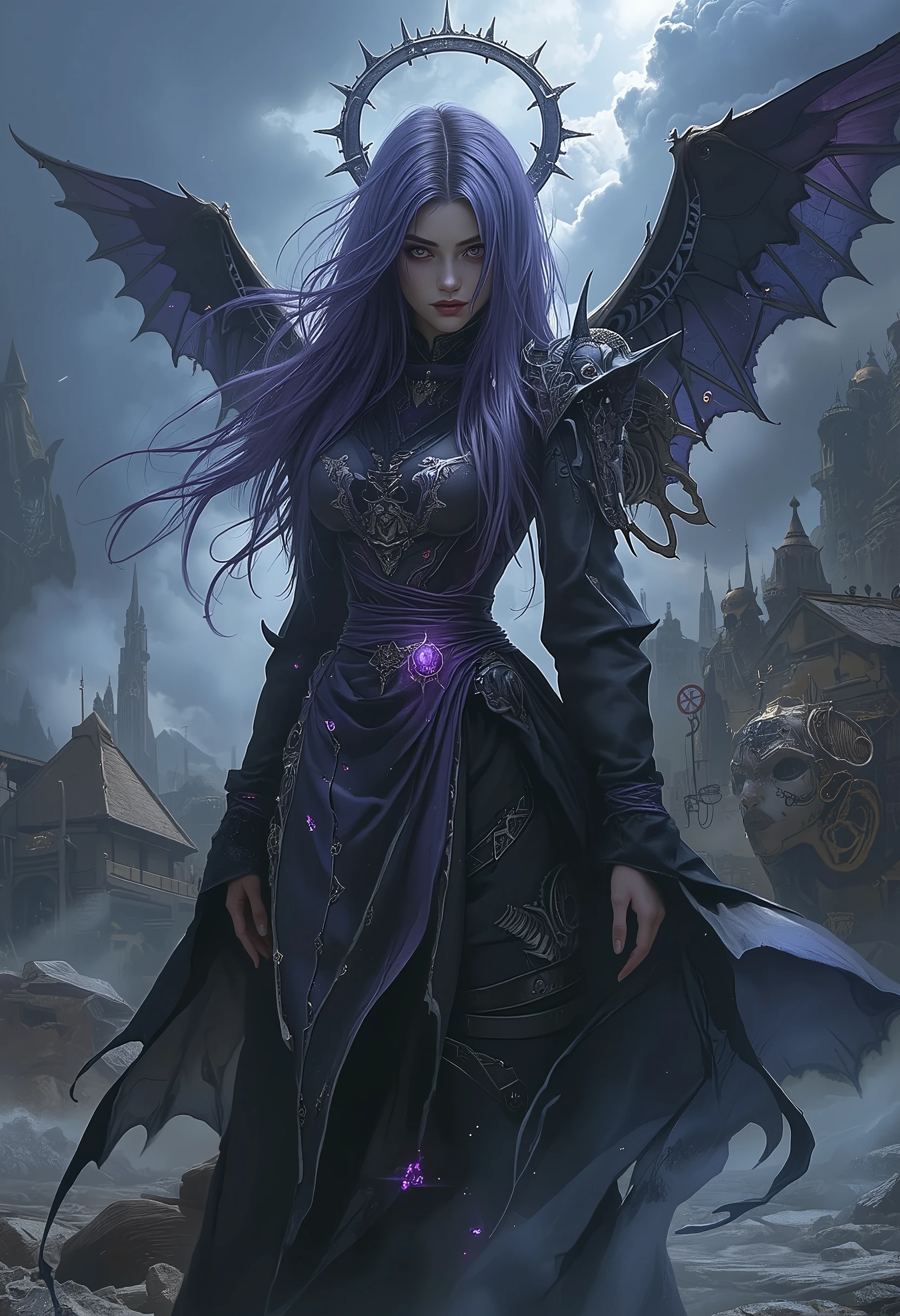 8k, dark_fantasy, (violet Witch, yellow: 1.5), Angel Face, 1 person, Standing full-body portrait, Mechanical Wonders , Robot Presence
