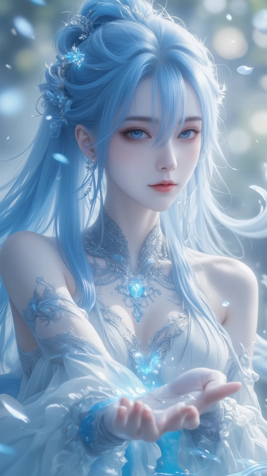 (Upper body photo:1.5)、dutch angle. wood, Exquisite mini ice spikes and crystals, A frozen waterfall in the background, Light reflected by ice crystals, Flowing snowflakes.1 girl、pretty girl,A realistic person,Beautiful cleavage,((small breasts)),Thin legs、Tight waist、standing, Long dress
