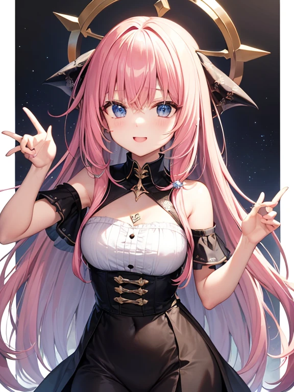Center of chest,pretty girl,Cat ear,Beautiful silver hair,Pink inside,Beautiful pink eyes,black shirt,black skirt,dark,smile